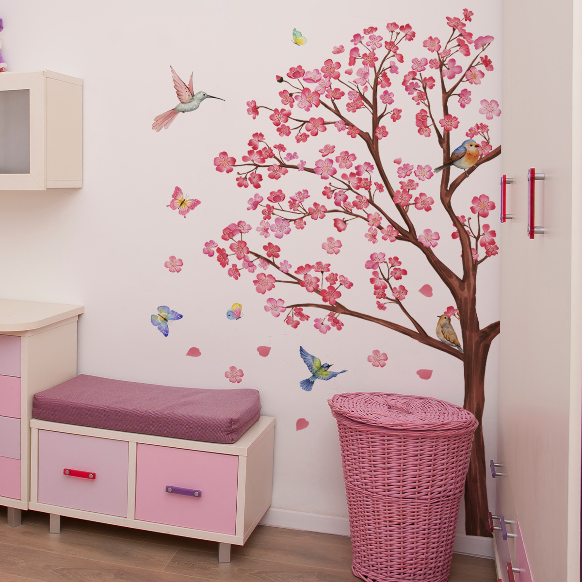 Baby Nursery Decor Girl - Autocollants muraux aquarelle fleur d'oiseau, décoration