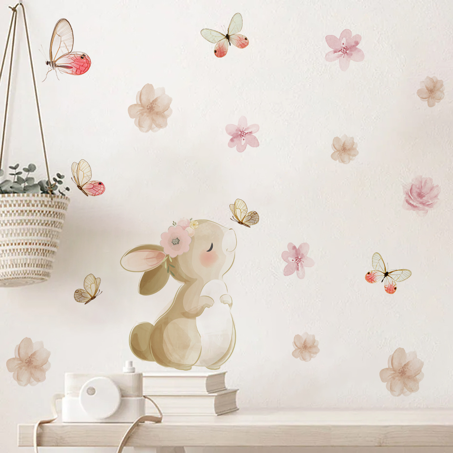 Baby Nursery Decor Girl - Dessin animé lapin fleurs papillon autocollant